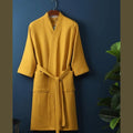 Lightweight Cotton Waffle Bathrobe with V Neck Tie Belt and Patch Pockets