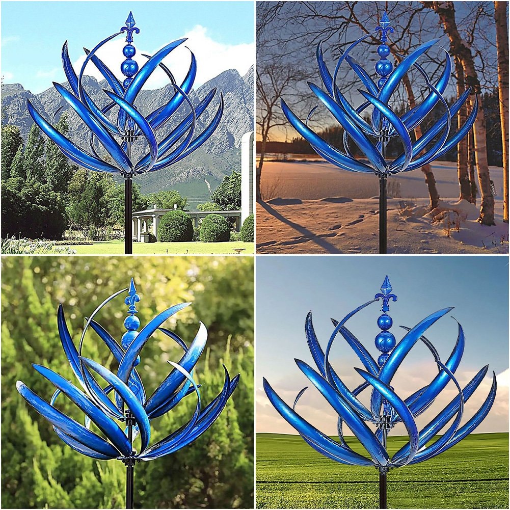 Lotus Wind Spinner Metal Kinetic Garden Sculpture on Stake Weather Resistant
