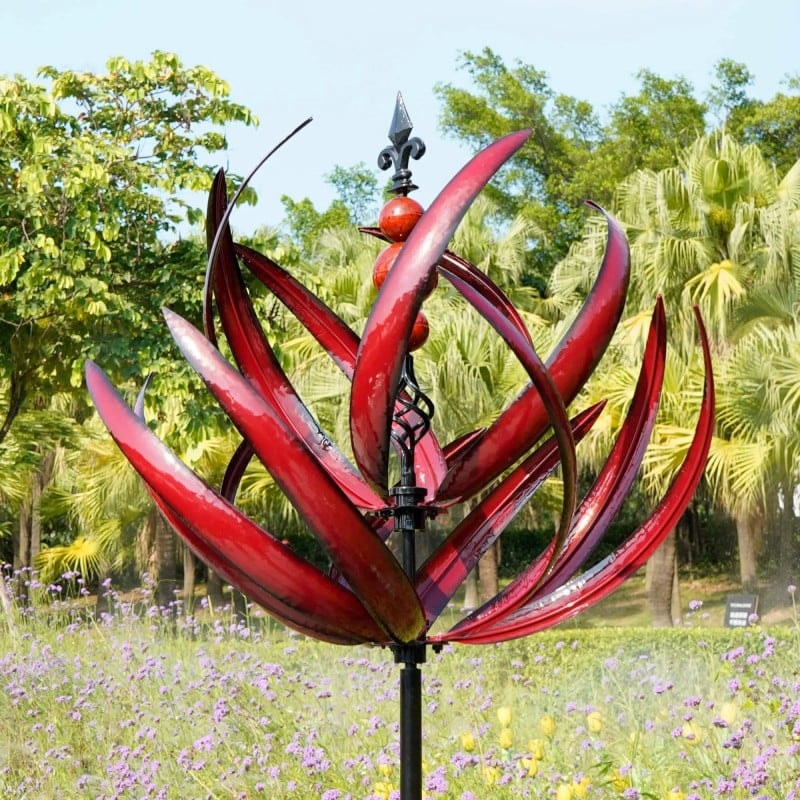 Lotus Wind Spinner Metal Kinetic Garden Sculpture on Stake Weather Resistant