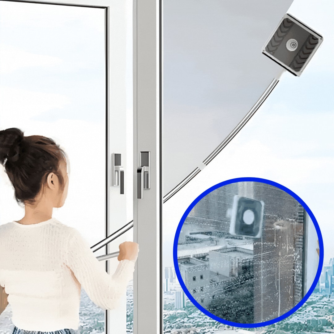 Magnetic Window Cleaner Double Sided Glass Wiper with Curved Extendable Handle