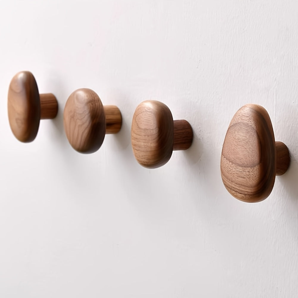 Wooden Wall Hooks Set of Four Solid Wood Pebble Shaped Coat Hooks Wall Mounted Hanging Pegs for Hallway | Bathroom and Bedroom