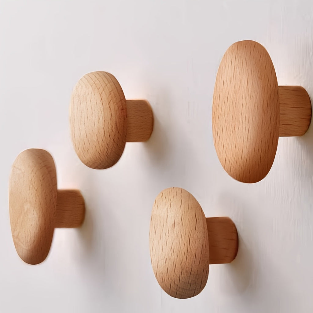 Wooden Wall Hooks Set of Four Solid Wood Pebble Shaped Coat Hooks Wall Mounted Hanging Pegs for Hallway | Bathroom and Bedroom