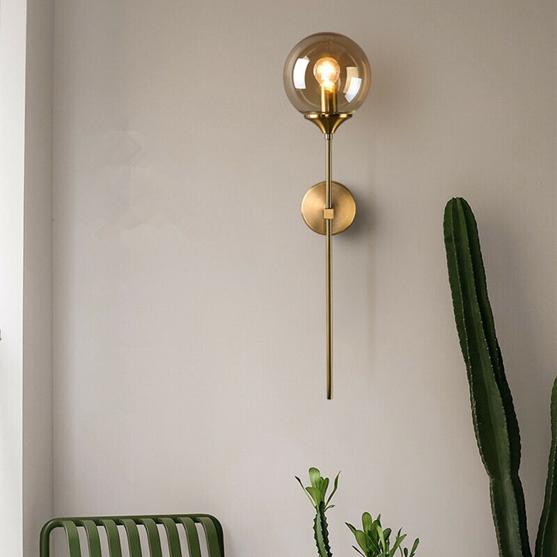 Mid Century Glass Globe Wall Light with Long Brass Stem and E27 Fitting