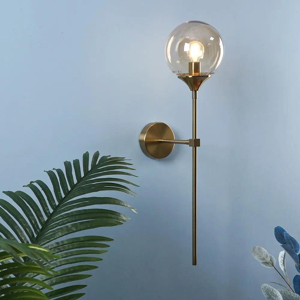 Mid Century Glass Globe Wall Light with Long Brass Stem and E27 Fitting