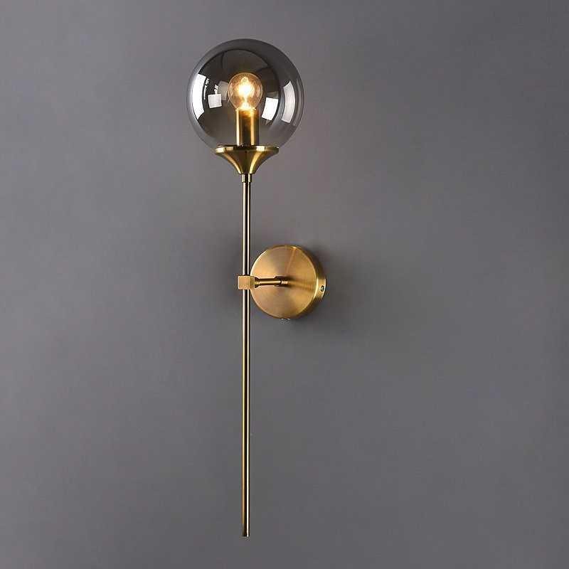 Mid Century Glass Globe Wall Light with Long Brass Stem and E27 Fitting