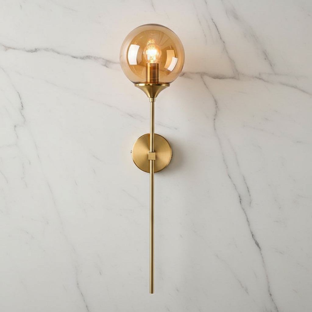 Mid Century Glass Globe Wall Light with Long Brass Stem and E27 Fitting