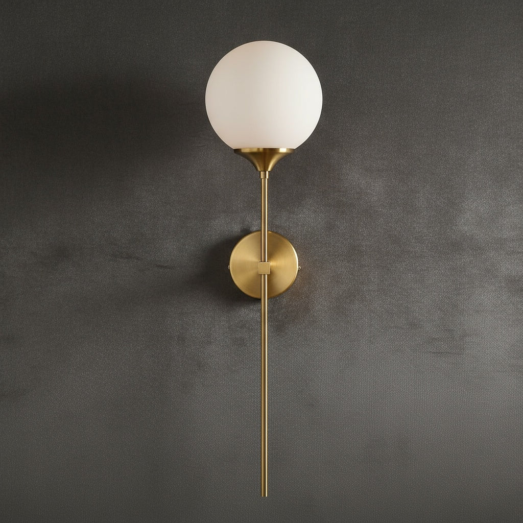 Mid Century Glass Globe Wall Light with Long Brass Stem and E27 Fitting