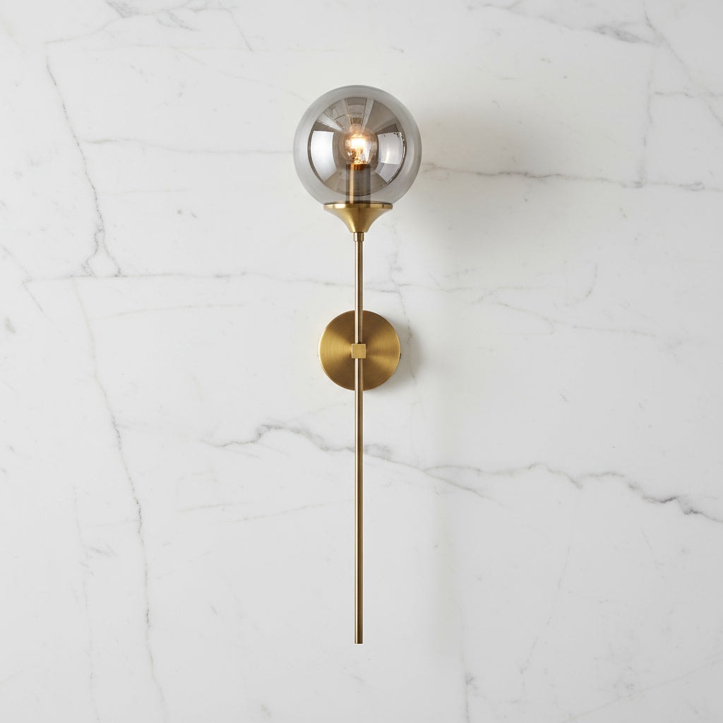 Mid Century Glass Globe Wall Light with Long Brass Stem and E27 Fitting