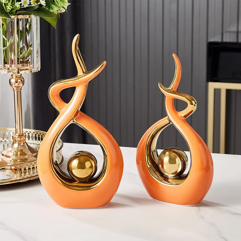 Modern Abstract Ceramic Sculpture with Gilded Swirl and Sphere for Shelf Decor