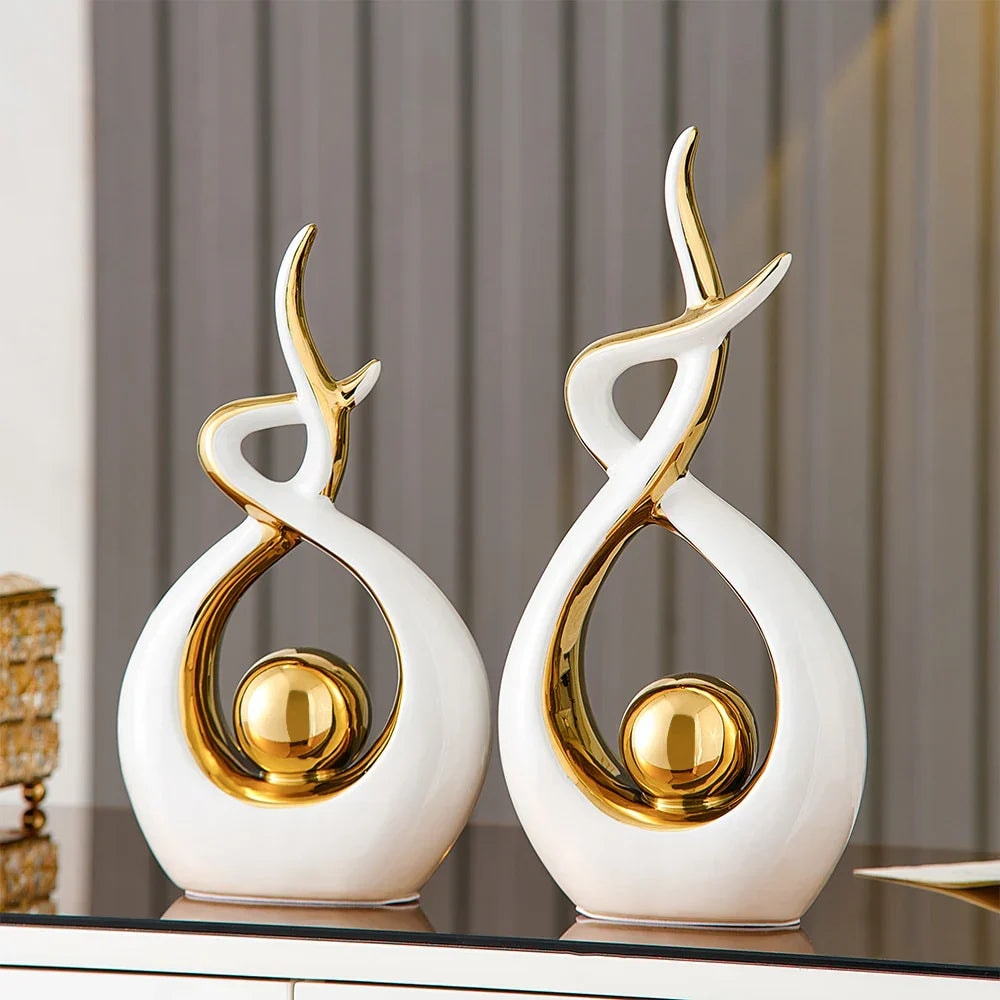 Modern Abstract Ceramic Sculpture with Gilded Swirl and Sphere for Shelf Decor