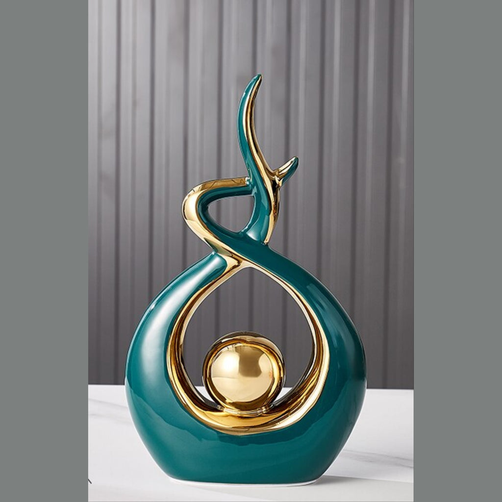 Modern Abstract Ceramic Sculpture with Gilded Swirl and Sphere for Shelf Decor