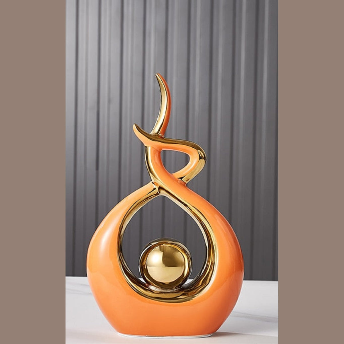 Modern Abstract Ceramic Sculpture with Gilded Swirl and Sphere for Shelf Decor