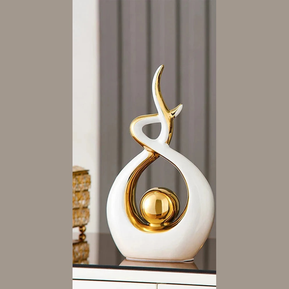Modern Abstract Ceramic Sculpture with Gilded Swirl and Sphere for Shelf Decor