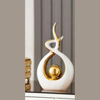 Modern Abstract Ceramic Sculpture with Gilded Swirl and Sphere for Shelf Decor