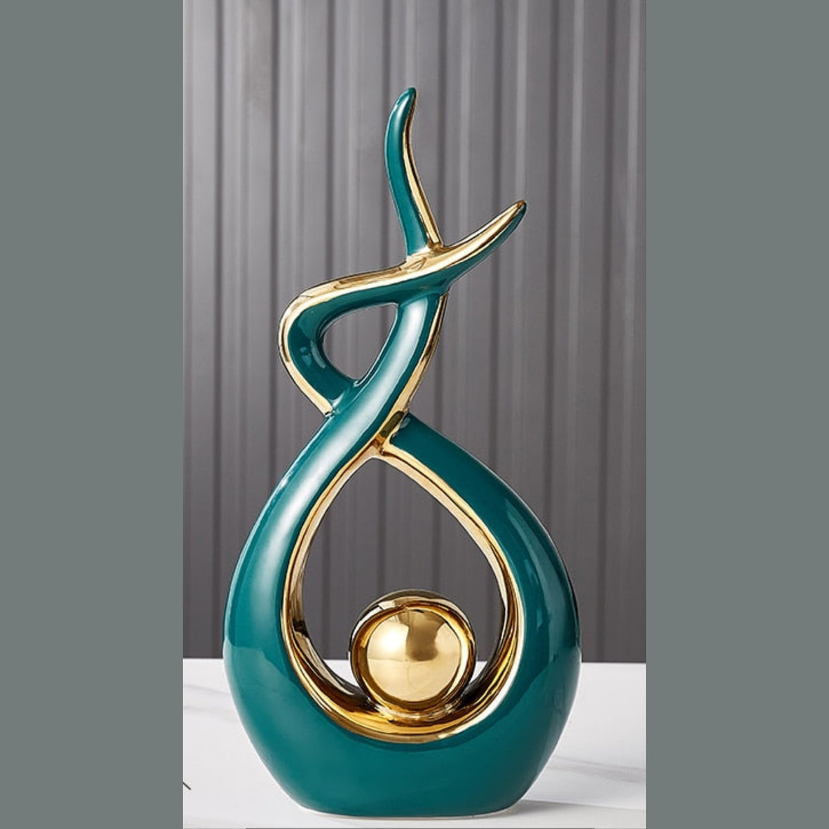Modern Abstract Ceramic Sculpture with Gilded Swirl and Sphere for Shelf Decor