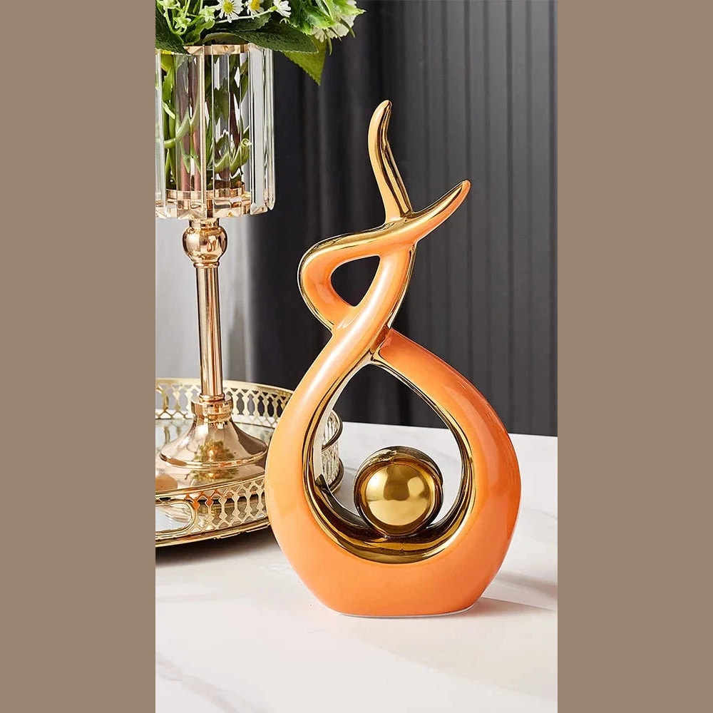 Modern Abstract Ceramic Sculpture with Gilded Swirl and Sphere for Shelf Decor