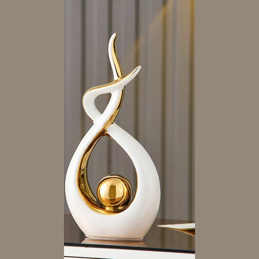 Modern Abstract Ceramic Sculpture with Gilded Swirl and Sphere for Shelf Decor
