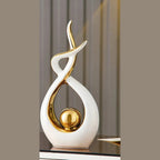 Modern Abstract Ceramic Sculpture with Gilded Swirl and Sphere for Shelf Decor