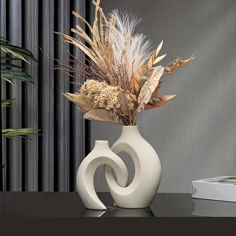 Modern Ceramic Vase Set with Interlocking Hollow Design for Boho Decor