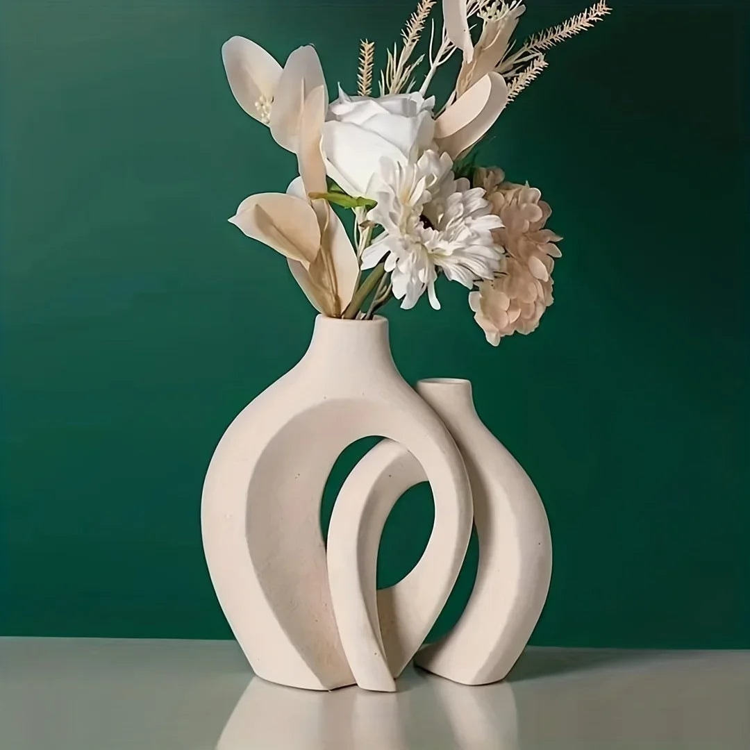 Modern Ceramic Vase Set with Interlocking Hollow Design for Boho Decor