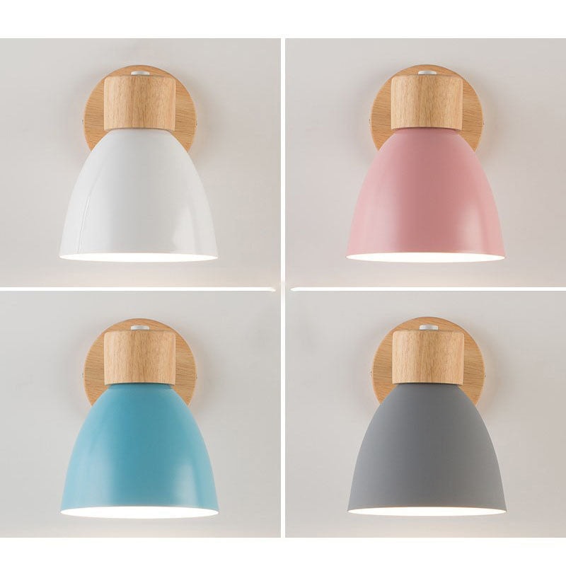 Modern Macaron Wall Light with Wooden Base and Adjustable Metal Shade
