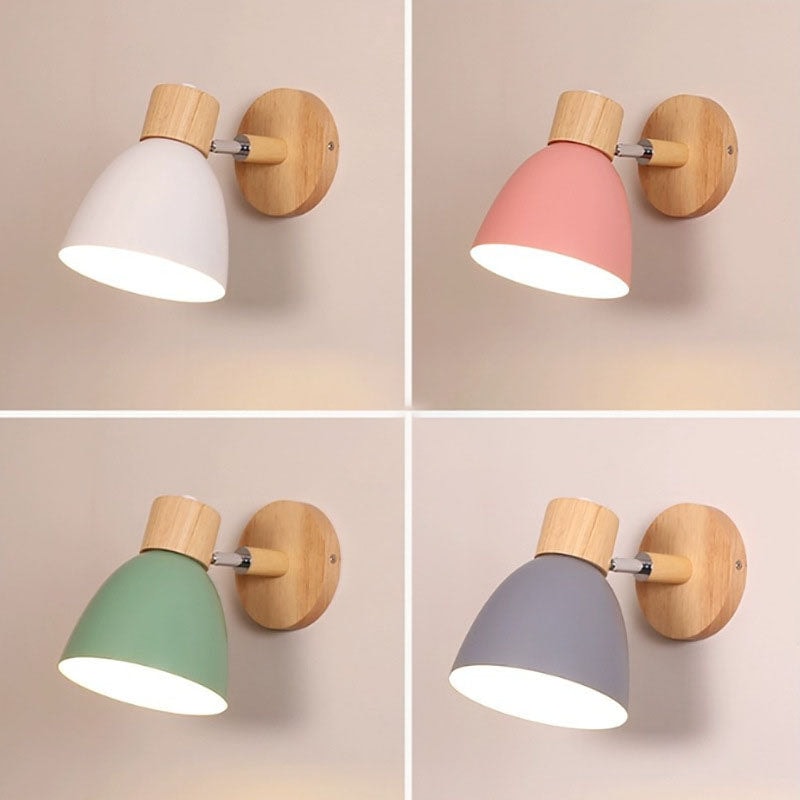 Modern Macaron Wall Light with Wooden Base and Adjustable Metal Shade