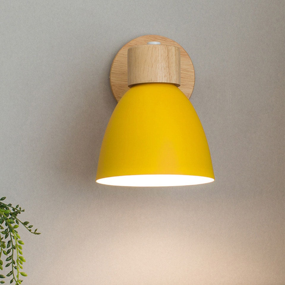 Modern Macaron Wall Light with Wooden Base and Adjustable Metal Shade