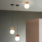 Modern Minimalist Opal Glass Globe Ceiling Light with Wood Grain Canopy