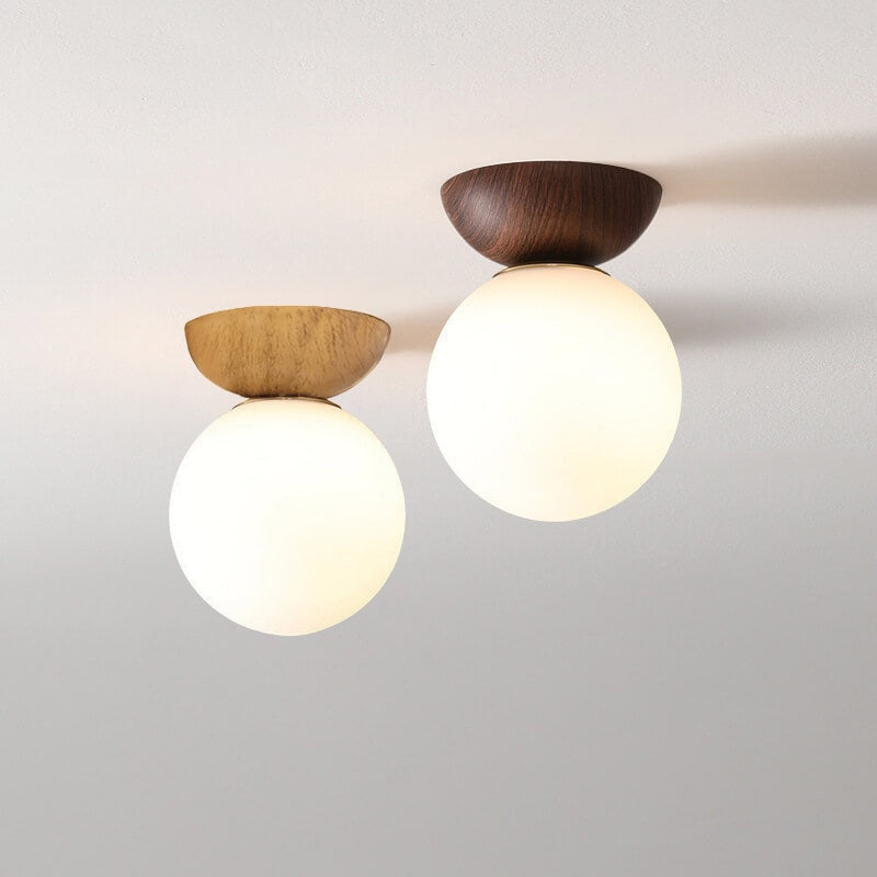 Modern Minimalist Opal Glass Globe Ceiling Light with Wood Grain Canopy