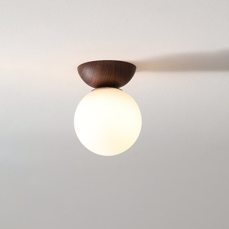 Modern Minimalist Opal Glass Globe Ceiling Light with Wood Grain Canopy