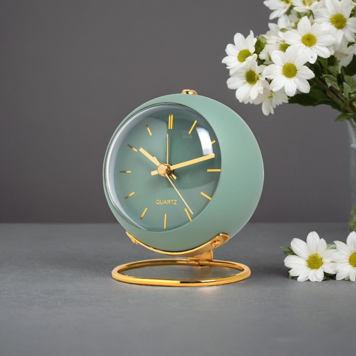 Modern Round Metal Desk Clock with Gold Ring Stand | Quartz Table Clock