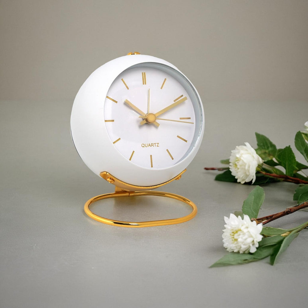 Modern Round Metal Desk Clock with Gold Ring Stand | Quartz Table Clock