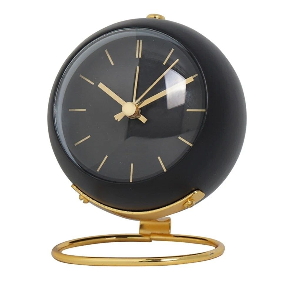 Modern Round Metal Desk Clock with Gold Ring Stand | Quartz Table Clock