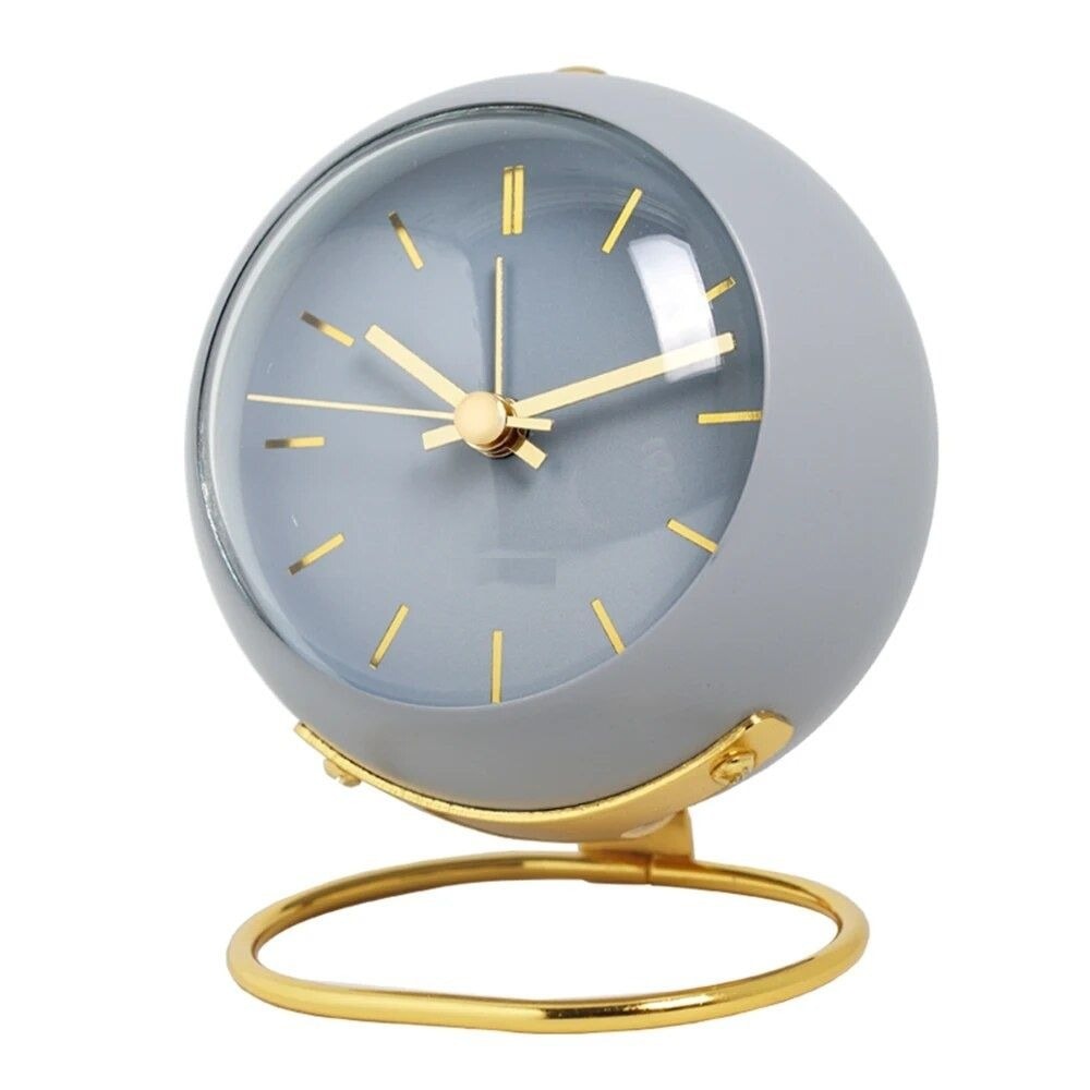 Modern Round Metal Desk Clock with Gold Ring Stand | Quartz Table Clock