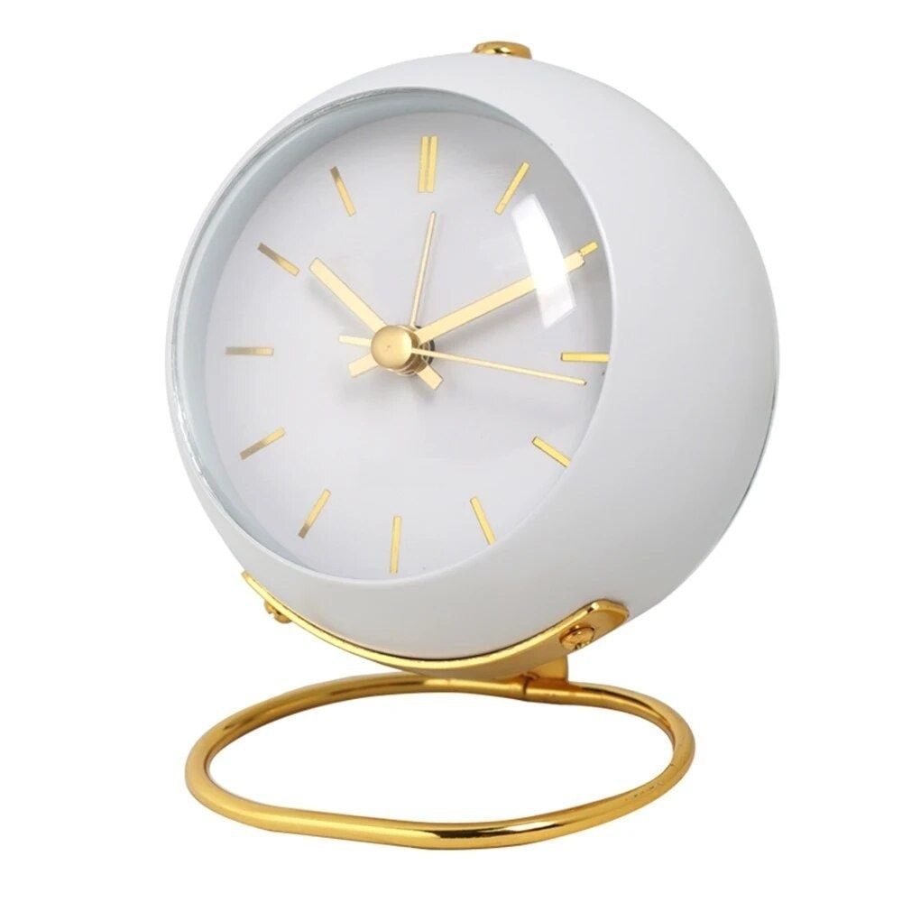 Modern Round Metal Desk Clock with Gold Ring Stand | Quartz Table Clock
