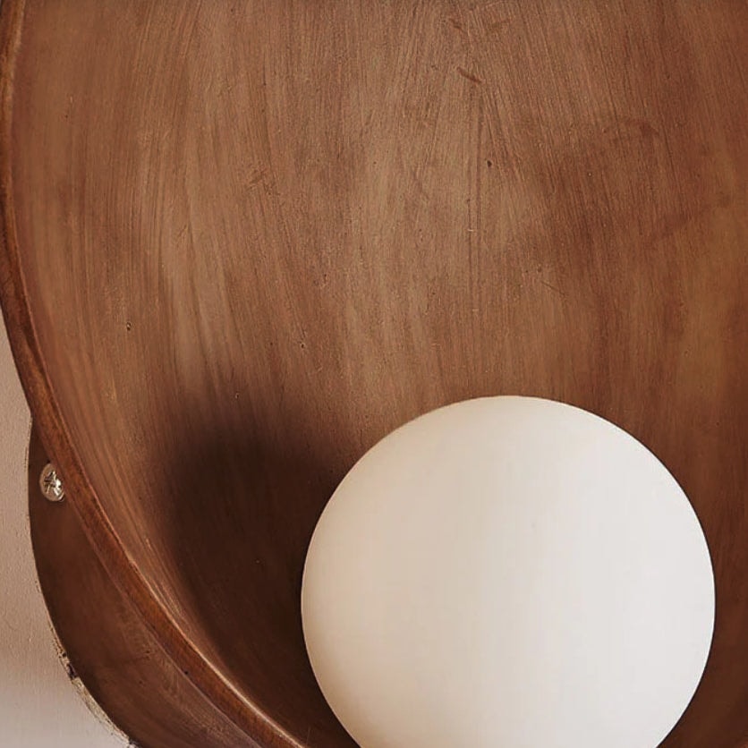 Modern Round Wall Light with Concave Disc Shade and Opal Glass Globe