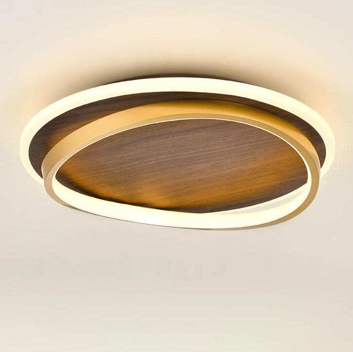 Modern Walnut Grain LED Flush Mount Ceiling Light with Halo Ring for Bedroom