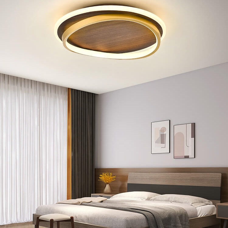 Modern Walnut Grain LED Flush Mount Ceiling Light with Halo Ring for Bedroom