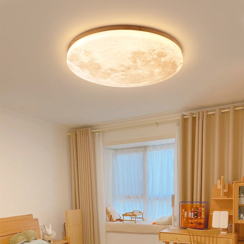 Moon LED Flush Mount Ceiling Light with Wooden Frame for Bedroom