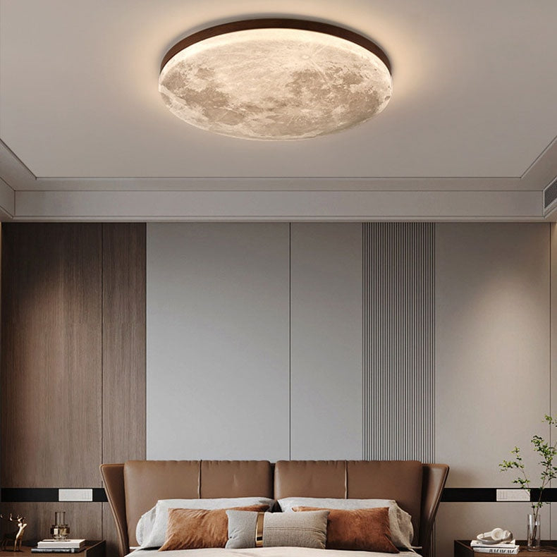 Moon LED Flush Mount Ceiling Light with Wooden Frame for Bedroom