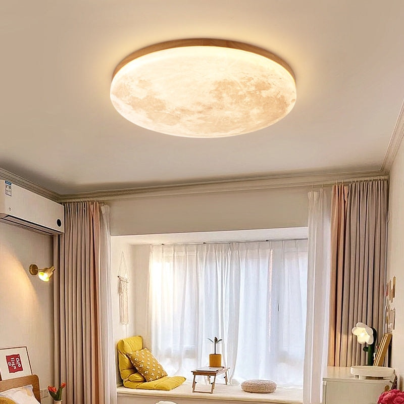 Moon LED Flush Mount Ceiling Light with Wooden Frame for Bedroom