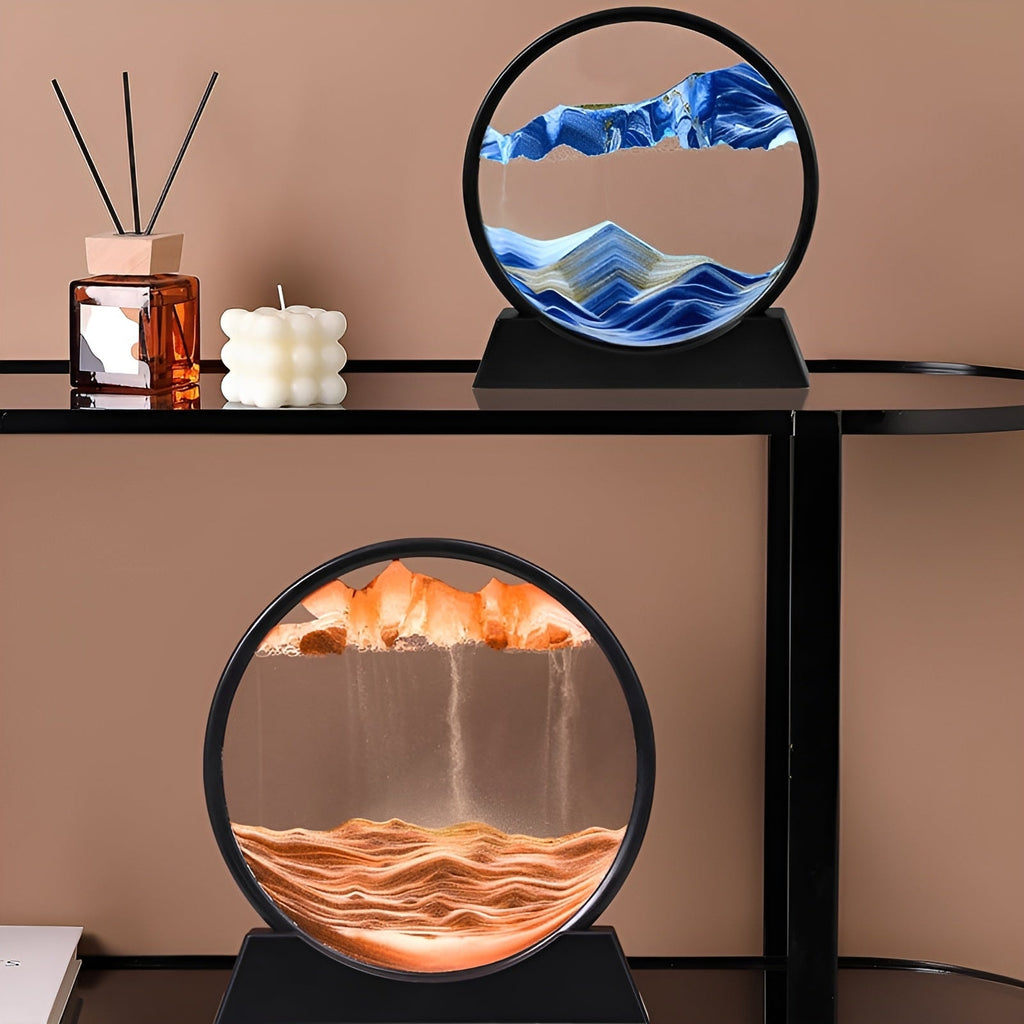 Moving Sand Art Picture Round Glass Sandscape with Stand for Desk Decor