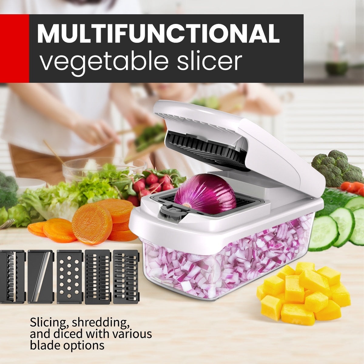 Multifunctional Vegetable Chopper with Container and Interchangeable Blades