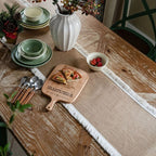 Natural Jute Table Runner with Decorative Trim for Rustic Farmhouse Dining