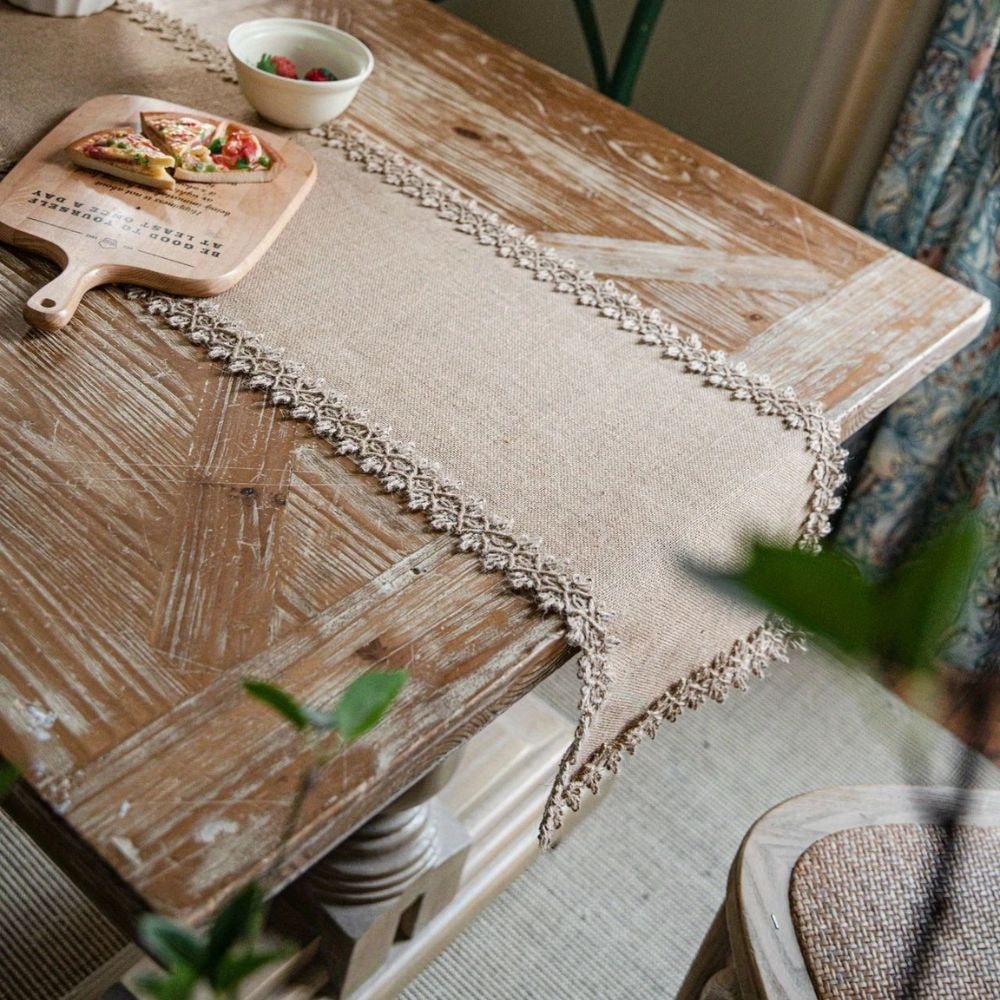Natural Jute Table Runner with Decorative Trim for Rustic Farmhouse Dining