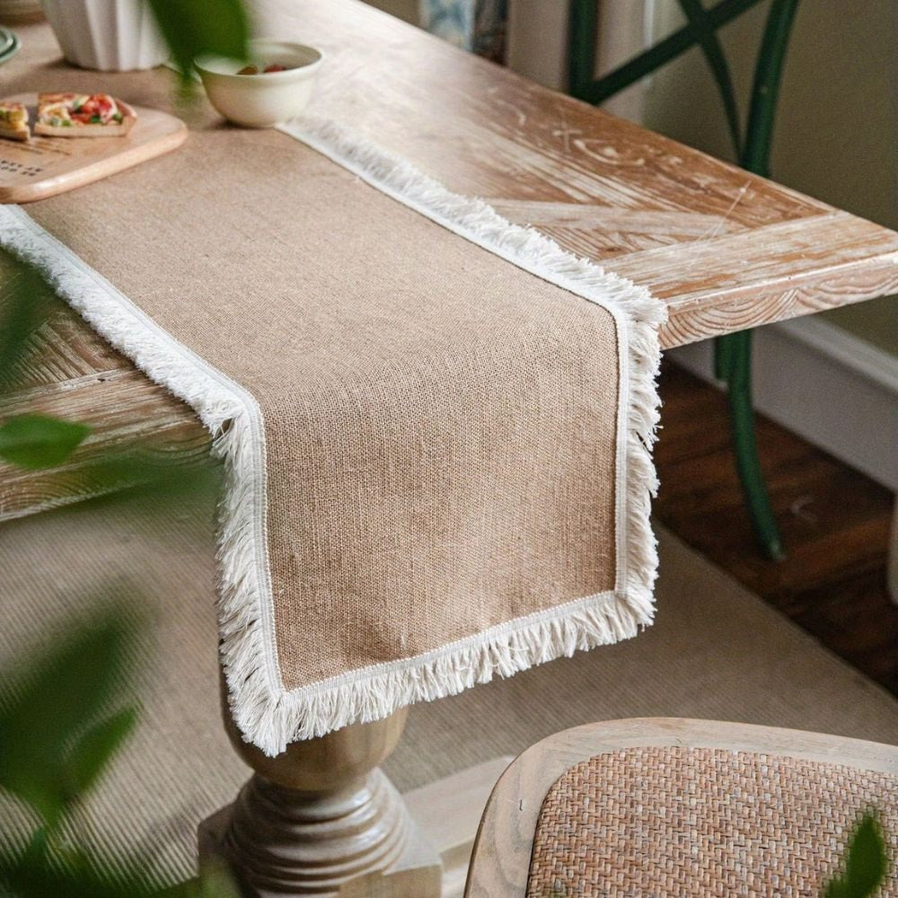 Natural Jute Table Runner with Decorative Trim for Rustic Farmhouse Dining