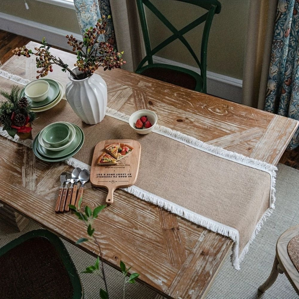 Natural Jute Table Runner with Decorative Trim for Rustic Farmhouse Dining