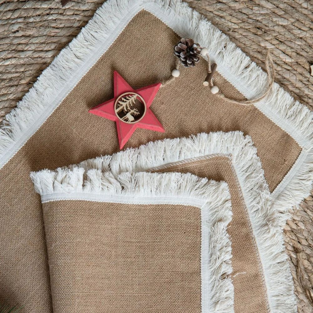 Natural Jute Table Runner with Decorative Trim for Rustic Farmhouse Dining