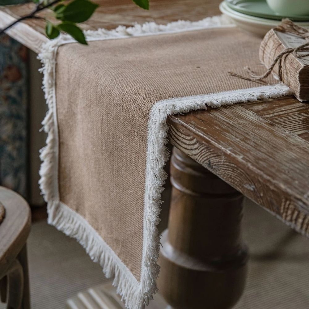 Natural Jute Table Runner with Decorative Trim for Rustic Farmhouse Dining