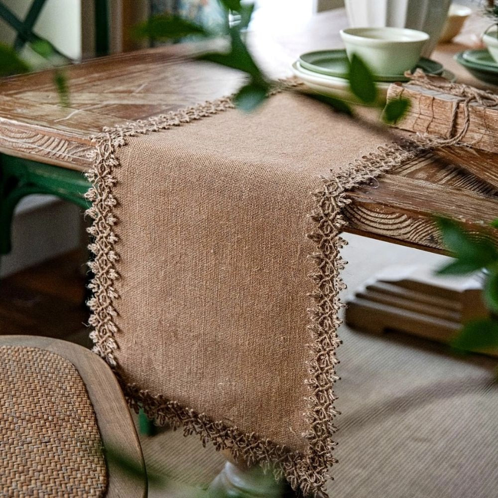 Natural Jute Table Runner with Decorative Trim for Rustic Farmhouse Dining